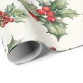 Klassiek Holly en bessen kerstinpakpapier Cadeaupapier (Rol Hoek)