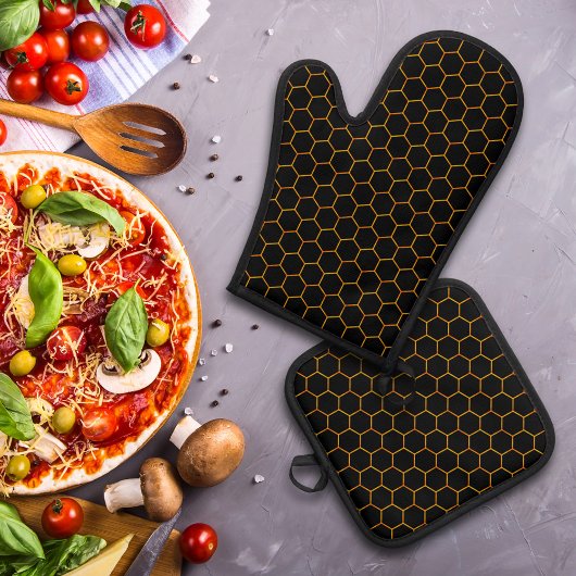 Klassiek honingraatpatroon met donkere achtergrond ovenwant & pannenlap set