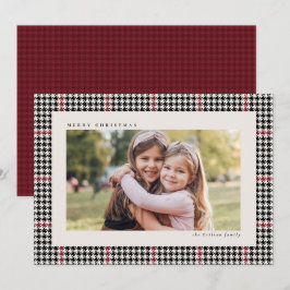 Klassiek houndstooth frame rood zwart één foto feestdagenkaart