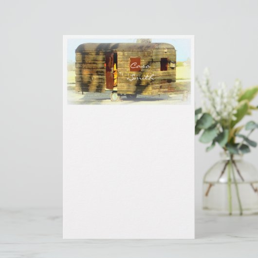  klassiek ingeweven houtcaravan briefpapier (Staand voorkant)