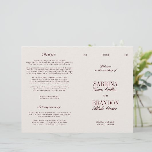 Klassiek ivoor & bordeauxrood modern huwelijksprog (Staand voorkant)