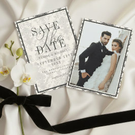 Klassiek Ivoor Damast Rococo Patroon Foto Bruiloft Save The Date