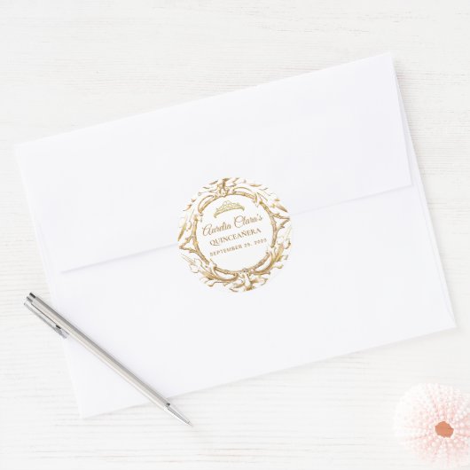 Klassiek Ivoor Wit Goud Lijst Quinceanera Ronde Sticker (Envelop)