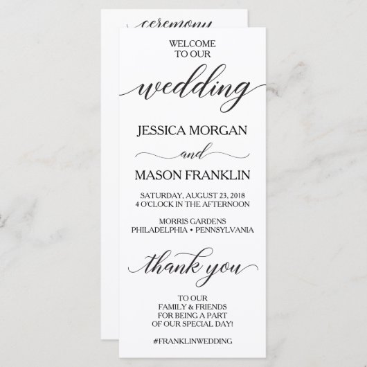 Klassiek kalligrafie script bruiloft programma programmakaart (Voorkant / Achterkant)