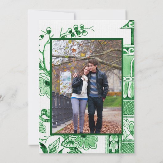 Klassiek Kelly Groen Witte Chinoiserie Bloem Save The Date (Achterkant)