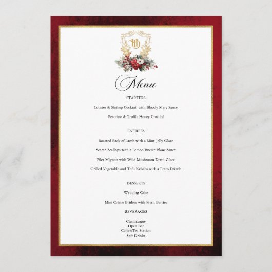 Klassiek Kerst Bloemstuk Initialen Bruiloft Menu (Voorkant)