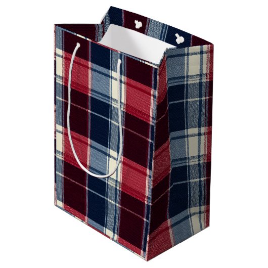 Klassiek Kerstblauw en Rood Geruit Medium Cadeauzakje (Achterkant Gekanteld)