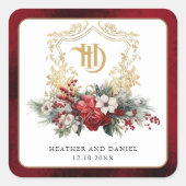 Klassiek Kerstbloemstuk Wapen Initialen Bruiloft Vierkante Sticker (Voorkant)