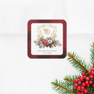 Klassiek Kerstbloemstuk Wapen Initialen Bruiloft Vierkante Sticker