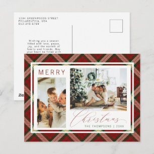 Klassiek Kerstgroen Gingham Plaid Twee Foto Feestdagenkaart