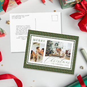 Klassiek Kerstgroen Gingham Plaid Twee Foto Feestdagenkaart