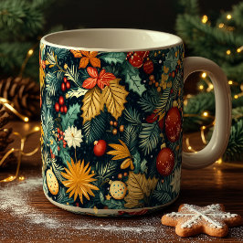 Klassiek kerstgroen met rode ornamenten koffiemok