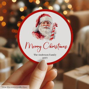 Klassiek Kerstman Waterverf Kerstlabel Ronde Sticker