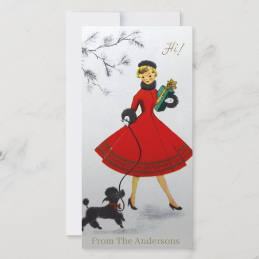 Klassiek Kerstmeisje met Poodle op Maat Feestdagenkaart (Voorkant)