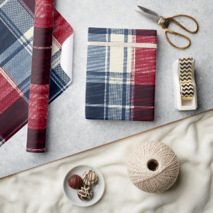 Klassiek Kerstmis Blauw en Rood Geruit Cadeaupapier