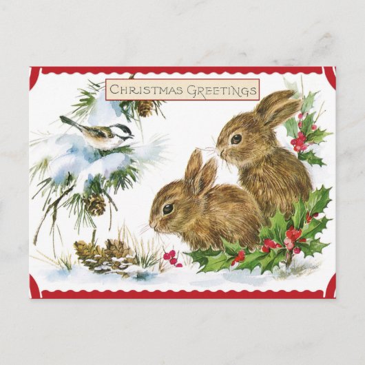 Klassiek Kerstmis Bos Konijnen en Vogel Natuur Feestdagenkaart (Voorkant)