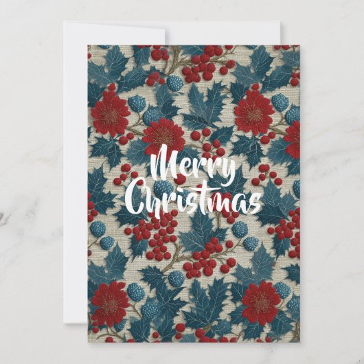 Klassiek Kerstmis Rood Bes Botanisch Linnen Kaart (Voorkant)