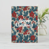 Klassiek Kerstmis Rood Bes Botanisch Linnen Kaart (Staand voorkant)