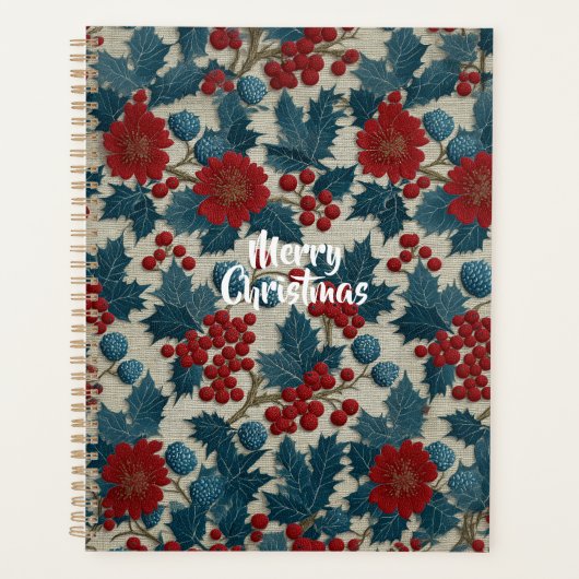 Klassiek Kerstmis Rood Bes Botanisch Linnen Planner (Voorkant)