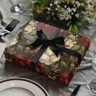 Klassiek Kerstmis Rood en Crème Winter Bloemmotief Inpakpapier Vel