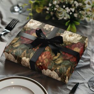 Klassiek Kerstmis Rood en Winter Wit Bloemmotief Cadeaupapier