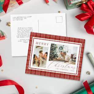 Klassiek Kerstmis Rood Gingham Plaid Twee Foto Feestdagenkaart