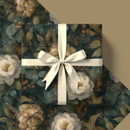 Klassiek Kerstmis Winter Groen en Crème Bloemen Cadeaupapier
