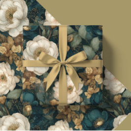 Klassiek Kerstmis Winter Groen en Wit Bloemmotief Cadeaupapier