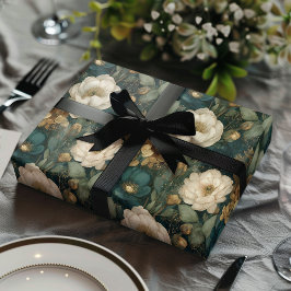 Klassiek Kerstmis Winter Groen en Wit Bloemmotief Inpakpapier Vel