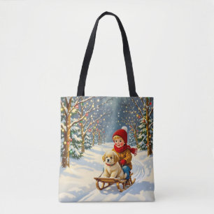 Klassiek Kerstscène, Jongen op slee met puppy Tote Bag