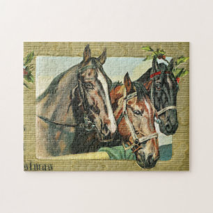 Klassiek Kersttrippel Paarden Met Hulstbessen Legpuzzel