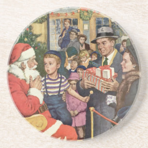 Klassiek kerstwens, jongen op de schoot van kerstm zandsteen onderzetter