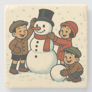 Klassiek kind bouwt sneeuwpop stenen onderzetter