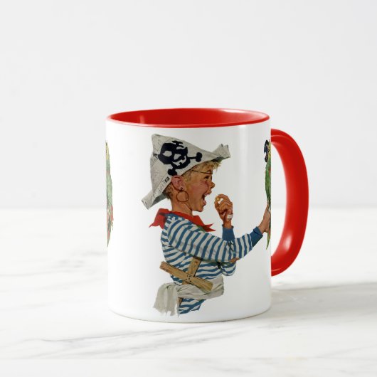 Klassiek kind, jongen speelt piraten papegaai voge mok (Voorkant rechts)