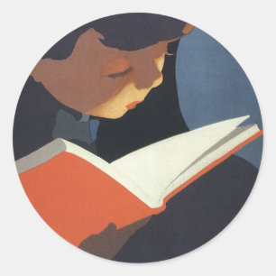 Klassiek kind leest een boek uit de bibliotheek ronde sticker