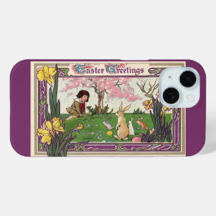 Klassiek kind op een paaseierenjacht met dieren iPhone 15 case