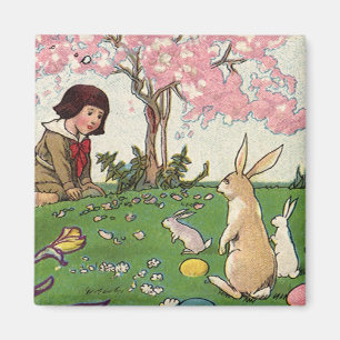 Klassiek kind op een paaseierenjacht met dieren magneet