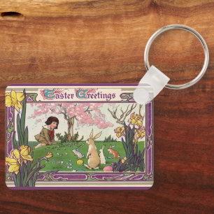 Klassiek kind op een paaseierenjacht met dieren sleutelhanger