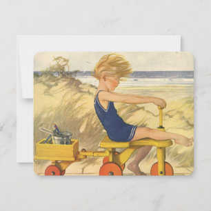 Klassiek kind op het strand met speelgoed, babysho kaart