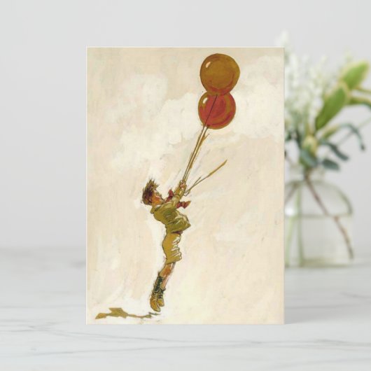 Klassiek Kinderfeestje, Rood Ballon Jongen Verjaar Kaart (Staand voorkant)