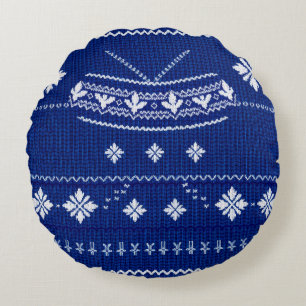 Klassiek kobaltblauw en wit Scandinavisch sneeuwvl Rond Kussen