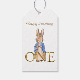 Klassiek konijn in blauwe jas Eerste verjaardag Cadeaulabel