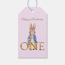 Klassiek konijn in blauwe jas Eerste verjaardag Cadeaulabel