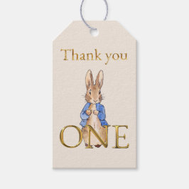 Klassiek konijn in blauwe jas Eerste verjaardag Cadeaulabel