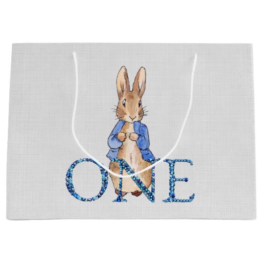 Klassiek konijn in blauwe jas Eerste verjaardag Groot Cadeauzakje (Voorkant)
