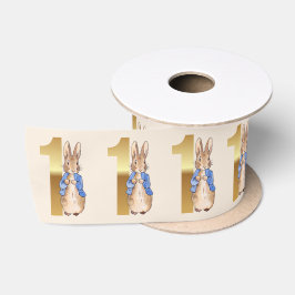 Klassiek konijn in blauwe jas Eerste verjaardag Satijnen Lint