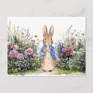 Klassiek konijn in het blauw in zijn tuin briefkaart