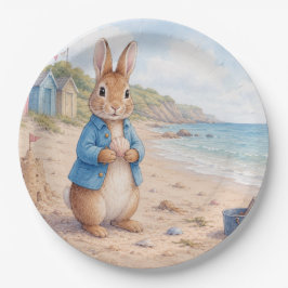 Klassiek konijn op een zandstrand papieren bordje