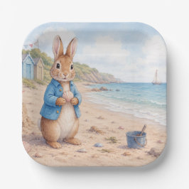Klassiek konijn op een zandstrand papieren bordje