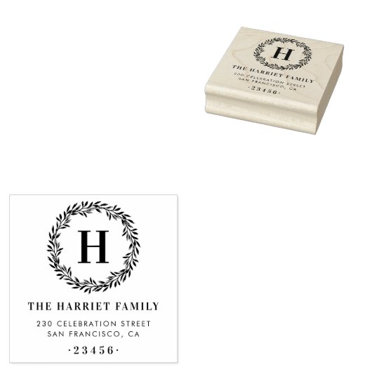 Klassiek krans monogram familienaam retouradres rubberstempel (Gestempeld)